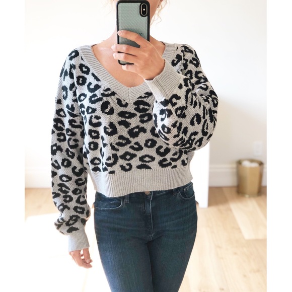 NEPAL Gray Cropped Leopard V-neck Sweater - Picture 2 of 7